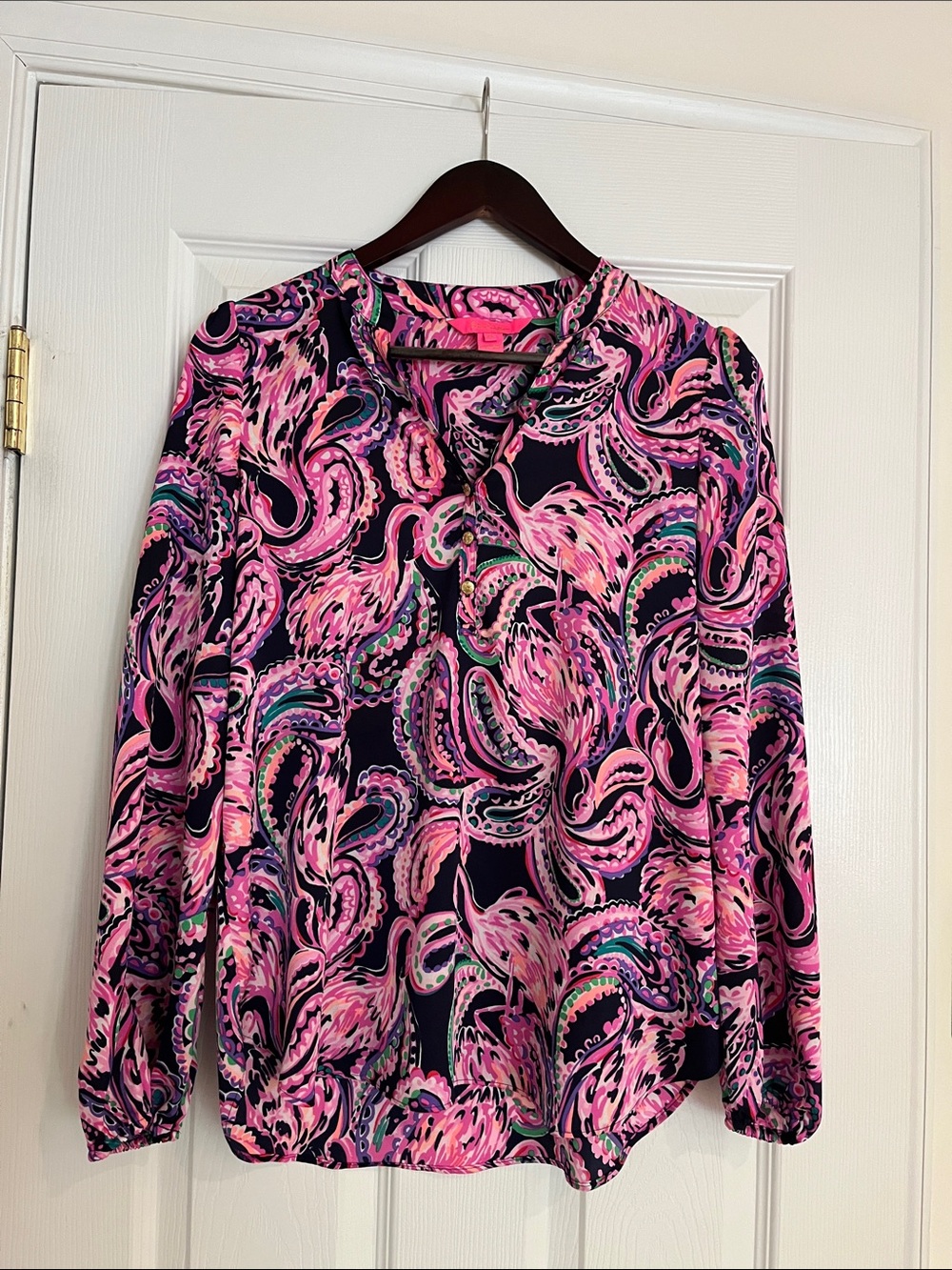 Lilly Pulitzer Pink & Navy Paisley Long-Sleeve Blouse